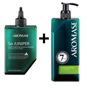 Zestaw Aromase redukuje łupież i nadmiar sebum, odblokowuje pory i łagodzi świąd.